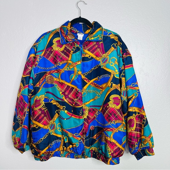 Vintage 90s silk Avon chain print windbreaker jacket zip up sz L - Picture 1 of 5